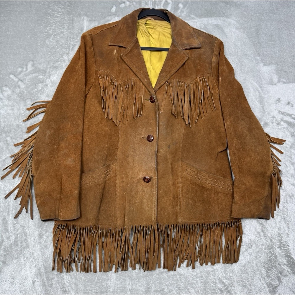 Vintage Pioneer Wear Fringe Jacket Size 16 Brown Suede Leather Western 70s 1970s